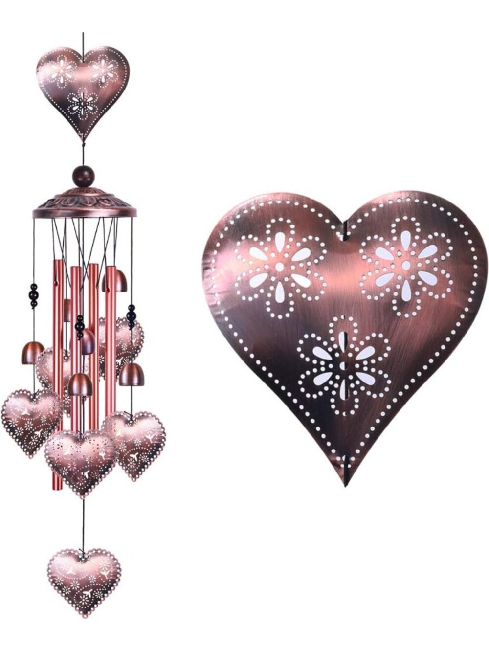 Romantic Heart Wind Chimes - 4 Aluminum Tubes, 6 Bells, Indoor/Outdoor Decor